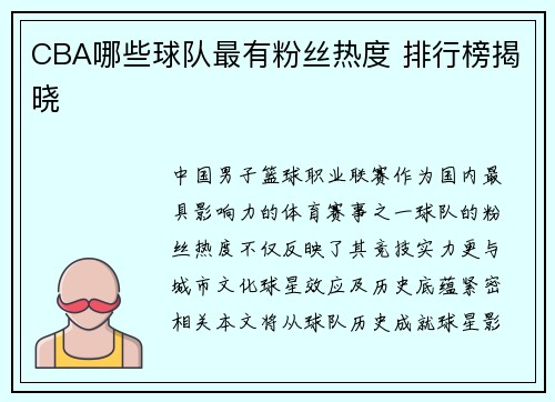 CBA哪些球队最有粉丝热度 排行榜揭晓